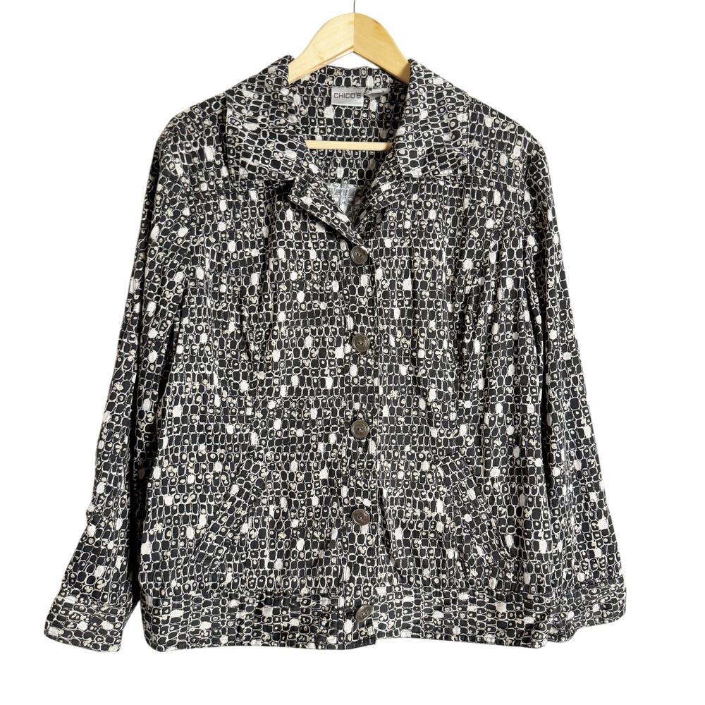Chico’s Black Geometric Abstract Print Lightweight Button Front Jacket Size 16